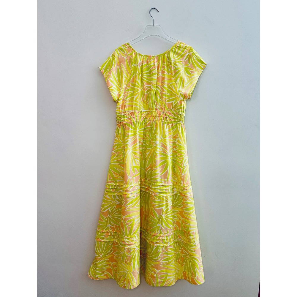 Sigrid Olsen Women Lime Green Peach Tropical Palm Linen Blend Midi Dress Size M - Picture 2 of 8